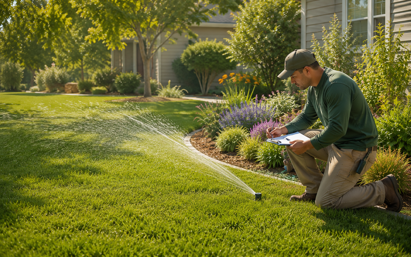 Healthy residential lawn with irrigation planning marks and native planting details, no logos or text.