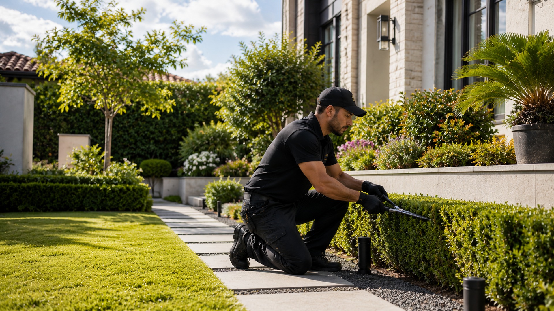 Landscaping crew working around a South Florida home